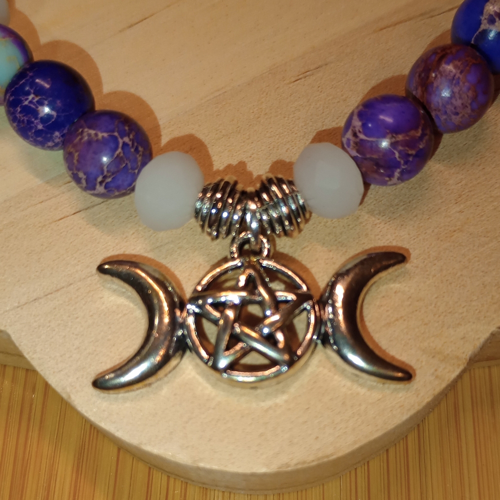 6.75" Triple Moon Goddess Stretch Bracelet With Natural Crystal Beads